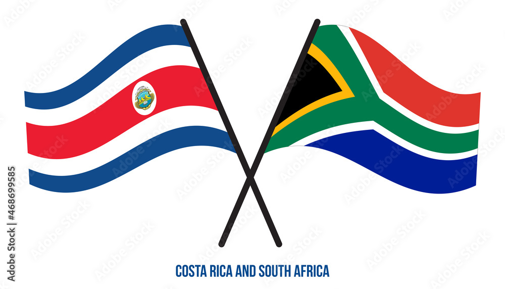 Costa Rica and South Africa Flags Crossed And Waving Flat Style. Official Proportion. Correct Colors