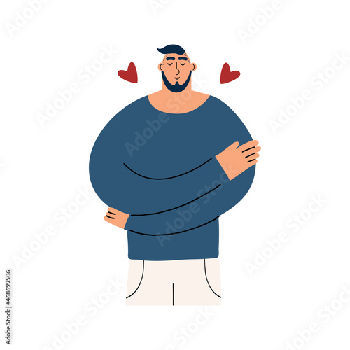 The young man hugs himself. Self-love concept. Vector illustration in flat style