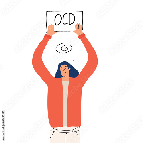 The girl holds in her hands a sign with the words OCD. Concept on obsessive compulsive disorder. Vector hand-drawn illustration.