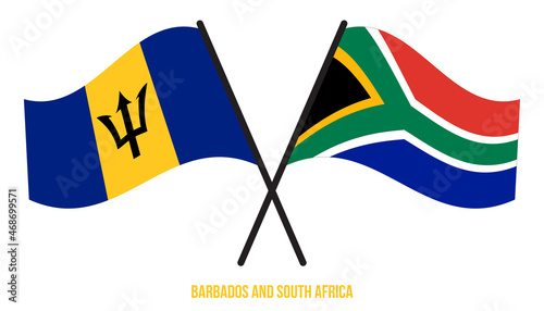 Barbados and South Africa Flags Crossed And Waving Flat Style. Official Proportion. Correct Colors.