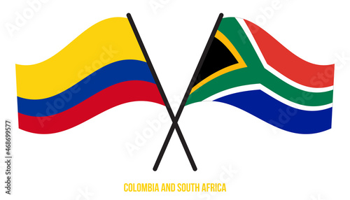 Colombia and South Africa Flags Crossed And Waving Flat Style. Official Proportion. Correct Colors.