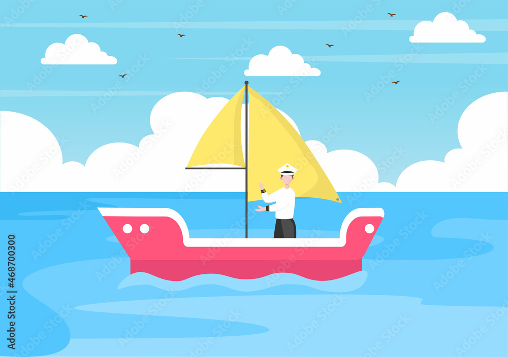 Naklejka premium Cartoon Sailing Boat with Sea or Lake View Background Vector Illustration. Summer Time for Leisure, Sports Activity and Recreation Outdoors Lifestyle