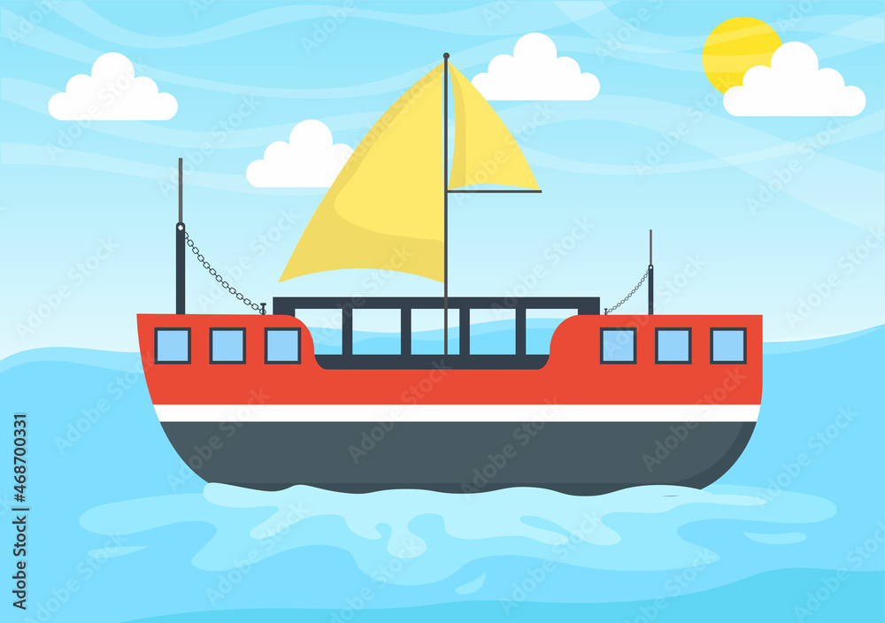 Cartoon Sailing Boat with Sea or Lake View Background Vector Illustration. Summer Time for Leisure, Sports Activity and Recreation Outdoors Lifestyle Cartoon Sailing Boat with Sea or Lake View Background Vector Illustration. Summer Time for Leisure, Sports Activity and Recreation Outdoors Lifestyle