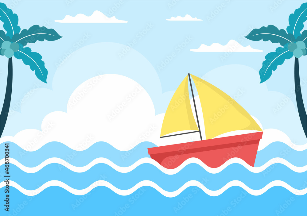 Cartoon Sailing Boat with Sea or Lake View Background Vector Illustration. Summer Time for Leisure, Sports Activity and Recreation Outdoors Lifestyle Cartoon Sailing Boat with Sea or Lake View Background Vector Illustration. Summer Time for Leisure, Sports Activity and Recreation Outdoors Lifestyle