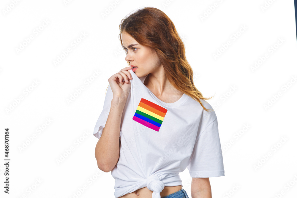 woman with lgbt flag transgender community light background woman with lgbt flag transgender community light background