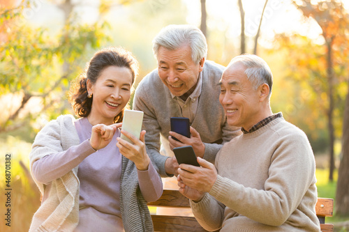 Cheerful senior Chinese adult using smart phones in the park