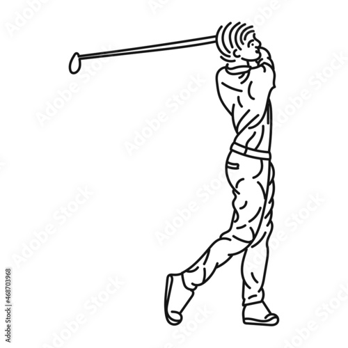 black line illustration a caucasian male golfer playing golf