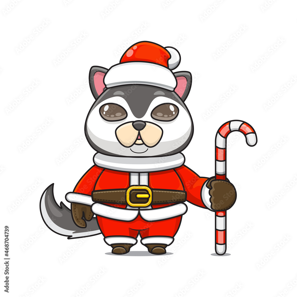 cute husky dog wearing santa costume holding candy cane cute husky dog wearing santa costume holding candy cane