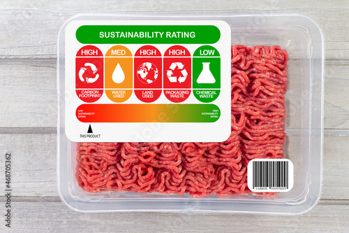 Sustainability Rating on meat for carbon footprint, water use, land use, packaging waste and chemical waste label. Product scale on rating index. Consumer food labels concept