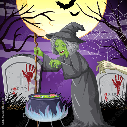 Dark forest scene with wicked old witch
