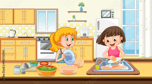 Scene with two girls washing dish in the kitchen