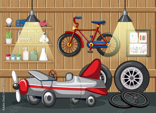 Garage interior with vintage car toy