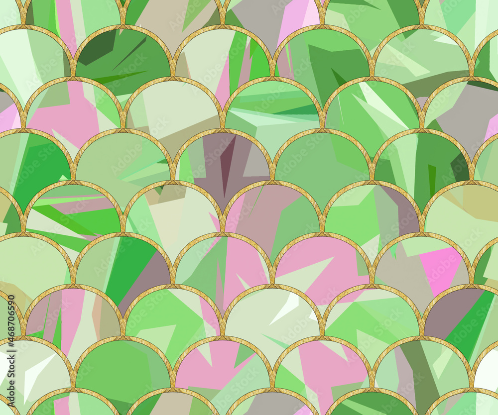 Naklejka premium Arcs seamless pattern. Mosaic, inlay. Illustration in stained glass style. Art Deco style. Seamless chaotic pattern for wallpapers, textile print, tile. Decorative gold waves. Oriental pattern.