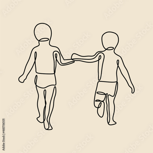 children boy holding hand oneline continuous single line art © Galih