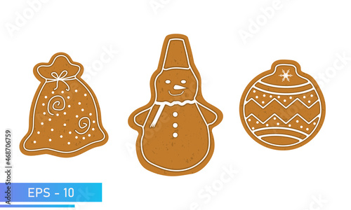 Christmas Cookies, gingerbread set, christmas gift, snowman and christmas tree toy in brown color, Isolated On White Background, Vector Illustration.