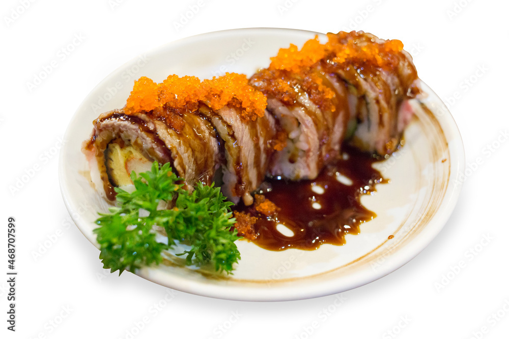 Top view of wagyu beef Original Japan sushi on white background, focus selective. Top view of wagyu beef Original Japan sushi on white background, focus selective.