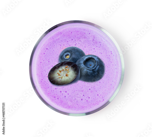 Gjass of blueberry smoothie juice or blueberries milkshake isolated on white photo