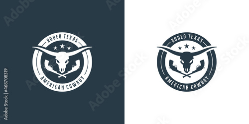 american cowboy, texas rodeo logo design vintage with longhorn and gun combine