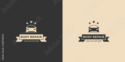 vintage body repair logo design with ribbon element