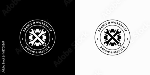workshop stamp, auto repair logo design emblem vintage with gear and wrench combination