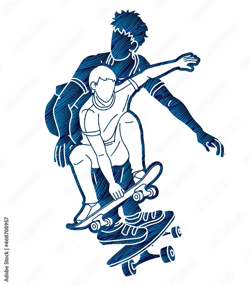 Obraz premium Skateboarder Action Skateboard Players Extreme Sport Cartoon Graphic Vector
