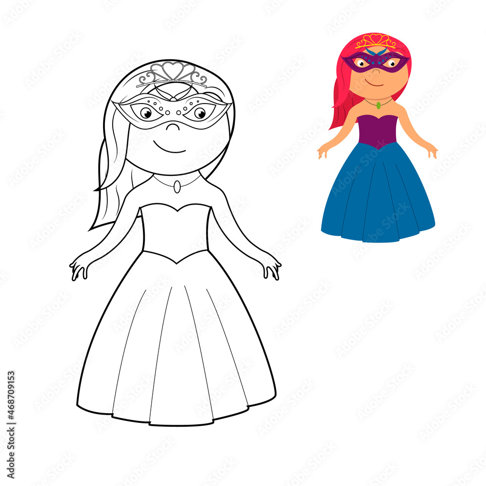 Fototapeta premium a coloring book, a cute princess in a dress, a mask and a crown. vector cartoon illustration