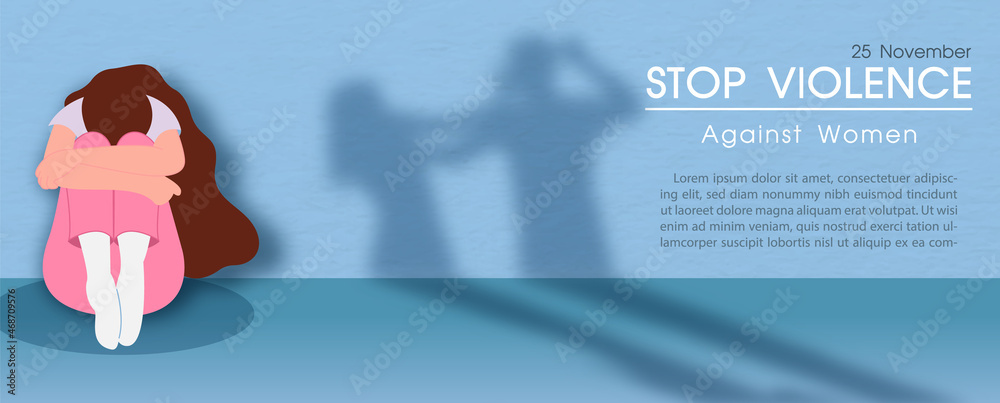 Woman sitting sad with shadow of human violence and wording about International day for the elimination of Violence Against Women, example texts and blue paper pattern background.