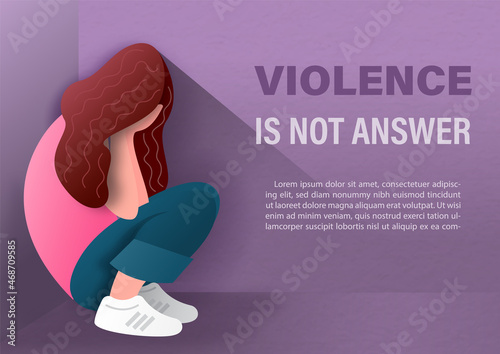 Woman sitting sad with shadow  and wording about International day for the elimination of Violence Against Women, example texts and purple paper pattern background.