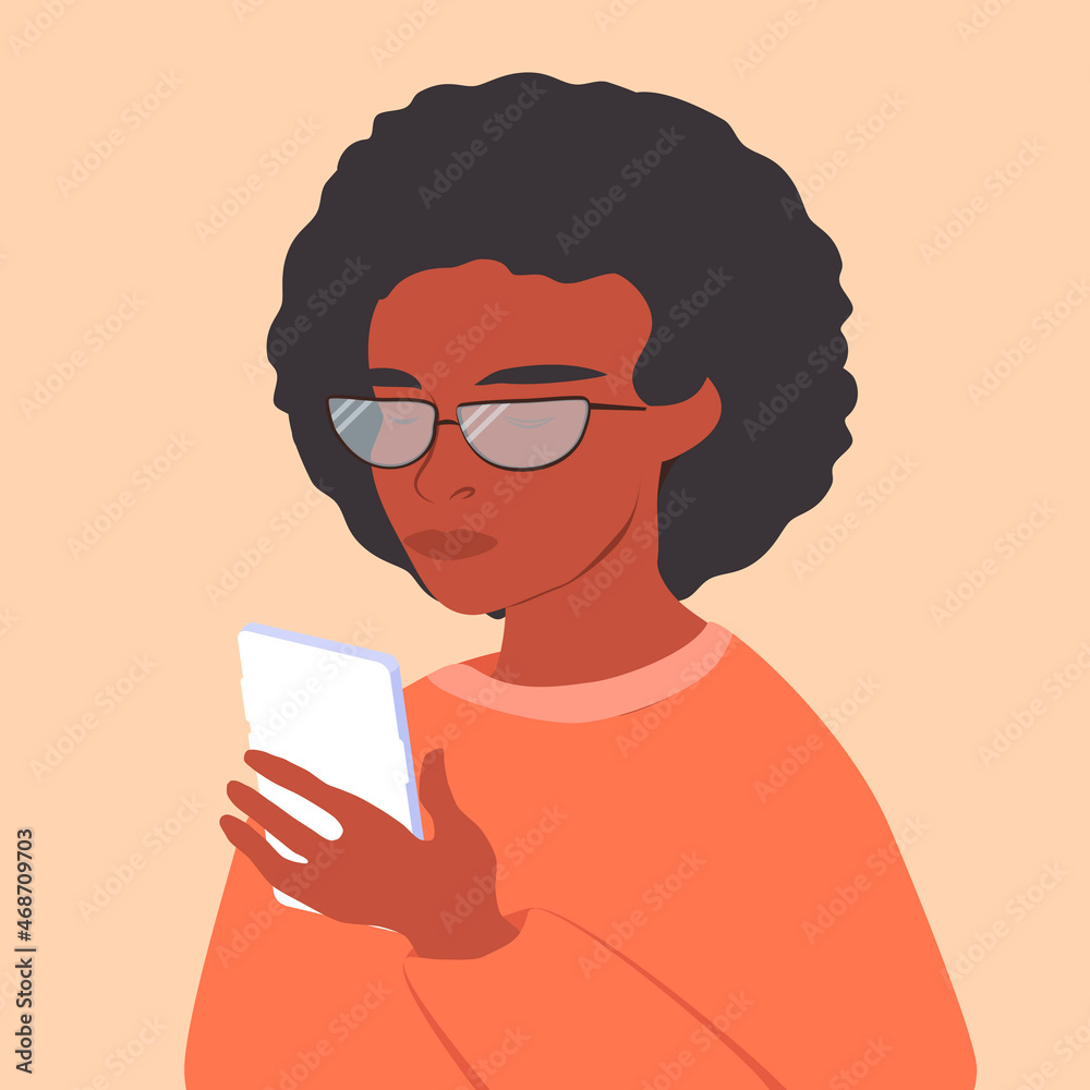 vector illustration on the theme of online communication, internet surfing - a black woman looks at the smartphone screen. trend illustration in flat style vector illustration on the theme of online communication, internet surfing - a black woman looks at the smartphone screen. trend illustration in flat style