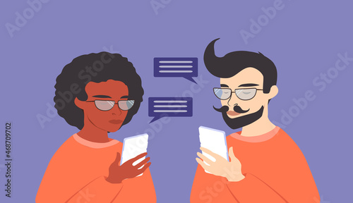 vector illustration on the theme of online communication, internet surfing - a man and a woman each look at the screen of their smartphone. trend illustration in flat style