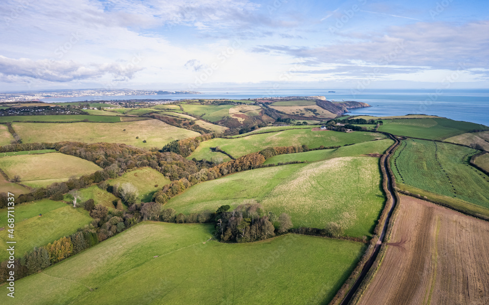 Autumn over Devon fields and farms from a drone, Kingswear, Brixham, England, Europe