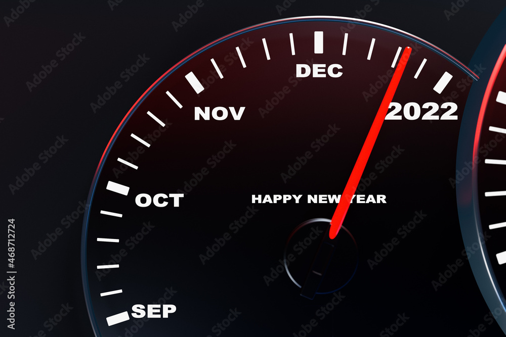 3D illustration close up black speedometer with cutoffs 2022. The concept of the new year and Christmas in the automotive field. Counting months, time until the new year.