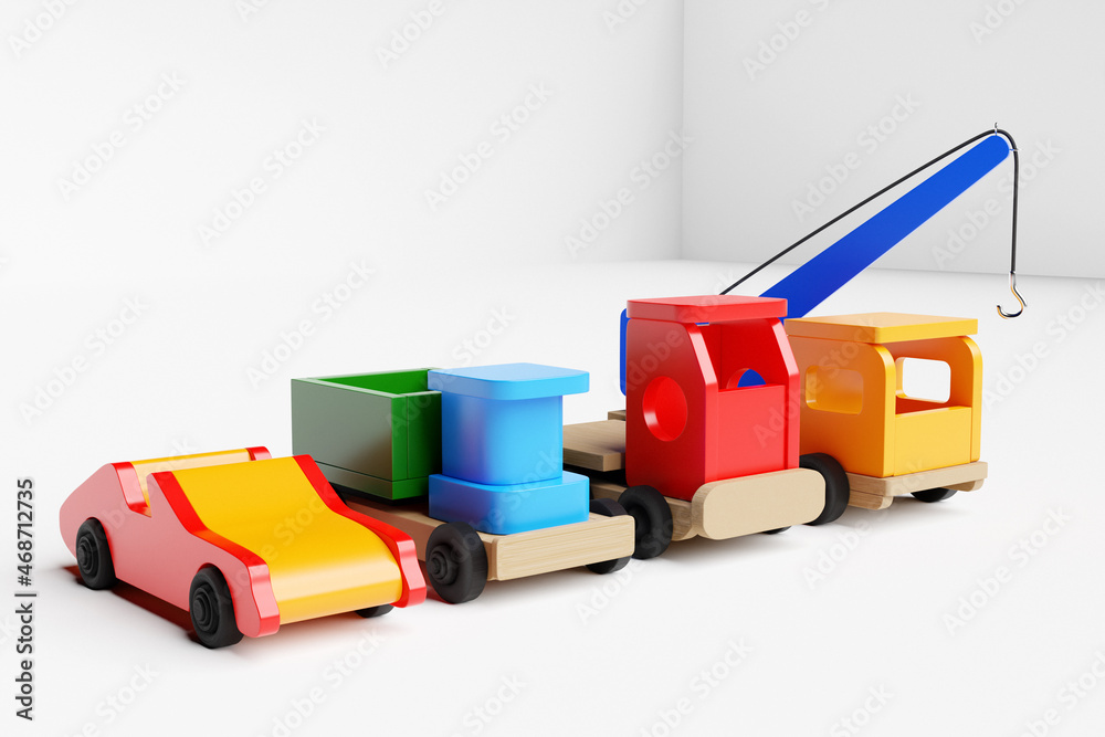 3d illustration of kids toys of multicolored cabriolet, dump truck, truck and crane on a white isolated background. Eco-friendly toy for parents and children 3d illustration of kids toys of multicolored cabriolet, dump truck, truck and crane on a white isolated background. Eco-friendly toy for parents and children