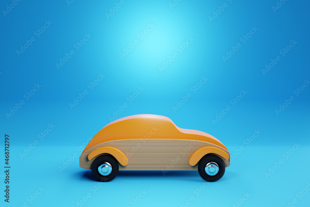 3d illustration of a child's toy red wooden car on the blue isolated background.  Eco-friendly toy for parents and children