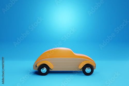 3d illustration of a child s toy red wooden car on the blue isolated background.  Eco-friendly toy for parents and children