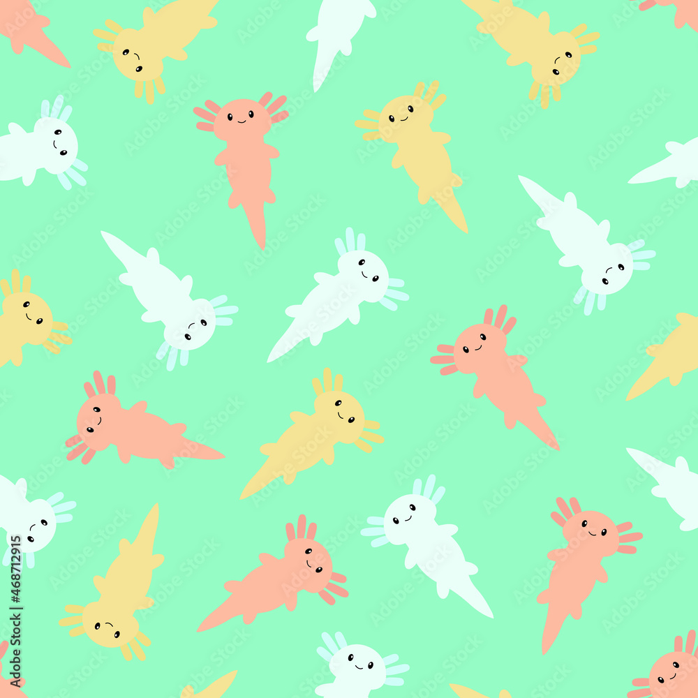 Cute cartoon axolotl. Seamless pattern. Vector. Cute cartoon axolotl. Seamless pattern. Vector.