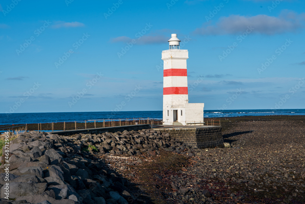 The old Garðskagi Lighthouse on Reykjanes peninsula in Iceland