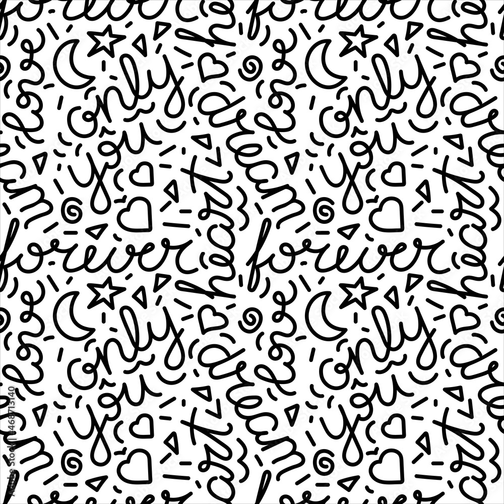 Fototapeta premium Seamless pattern. Hand drawn positive words Love, Dream . Vector background