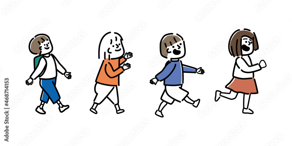 歩く子供たちのイラストセット 歩く子供たちのイラストセット