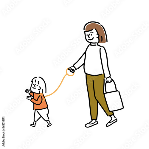 子供用ハーネスで散歩する親子のイラスト