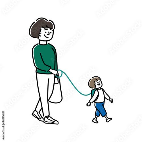 子供用ハーネスで散歩する親子のイラスト