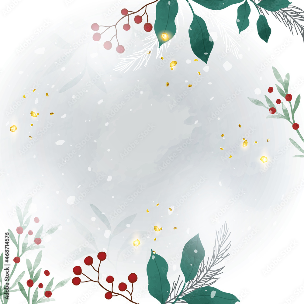 Winter background vector. Hand painted watercolor flower and botanical leaves hand drawing for Christmas season. Square background design for social post, ad, cover, sale banner and invitation.
 - obrazy, fototapety, plakaty 
