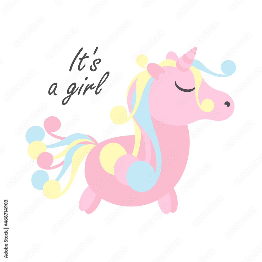Cute pink Unicorn. Party design for the first newborn, vector greeting card for the birthday party of the child.