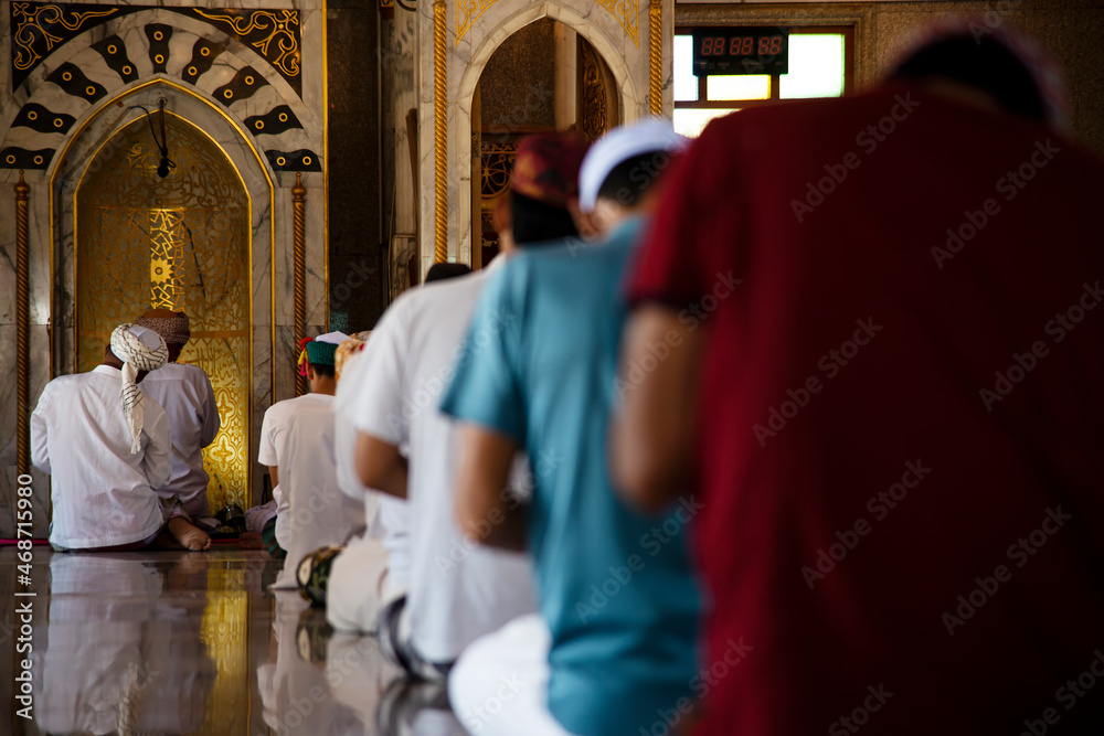 Muslim man praying and prostrating In the mosque that is the teaching of the Prophet Muhammad Muslim man praying and prostrating In the mosque that is the teaching of the Prophet Muhammad