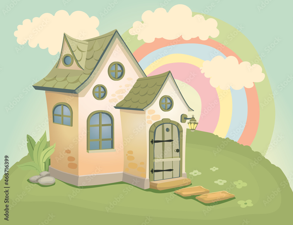 Fabulous house on the hill. Cartoon vector illustration.
