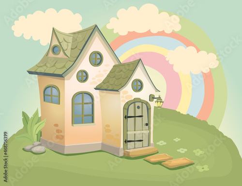Fabulous house on the hill. Cartoon vector illustration.