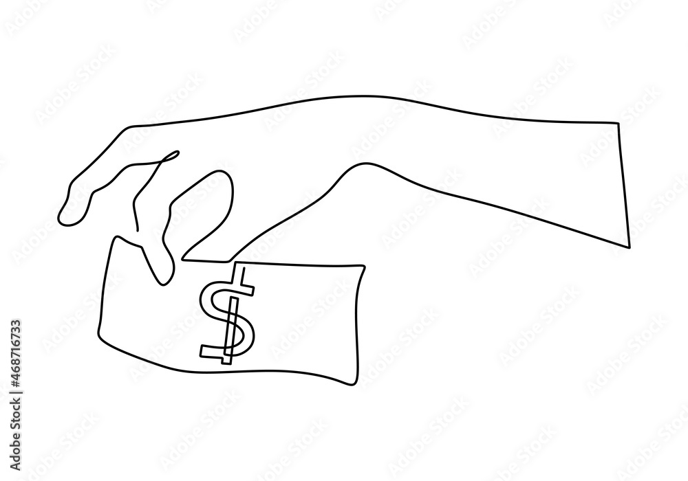 Hand holding dollar money continuous line drawing, one hand drawn minimalism, vector illustration symbol of donation and giving and earn. Hand holding dollar money continuous line drawing, one hand drawn minimalism, vector illustration symbol of donation and giving and earn.