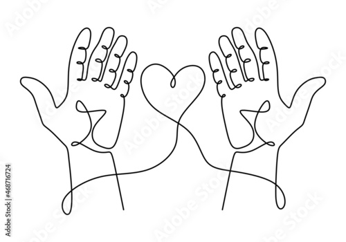 Hand with heart love symbols, continuous one line drawing.