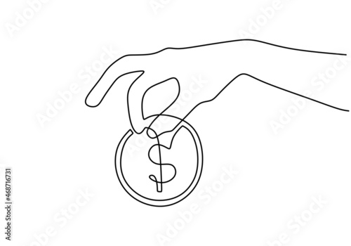 Hand holding dollar coin continuous line drawing