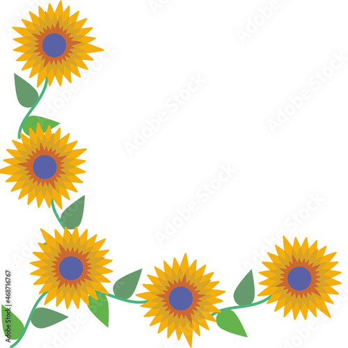 Sunflowers on a white background for decoration of a greeting card, invitation. Frame from abstract yellow flowers with leaves.